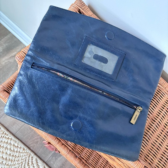 Hobo International Leather Fold Over Bow Clutch Dark Navy - Picture 4 of 16